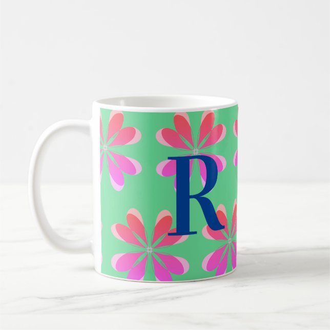 Personalised Monogram retro floral green pink Coffee Mug (Left)