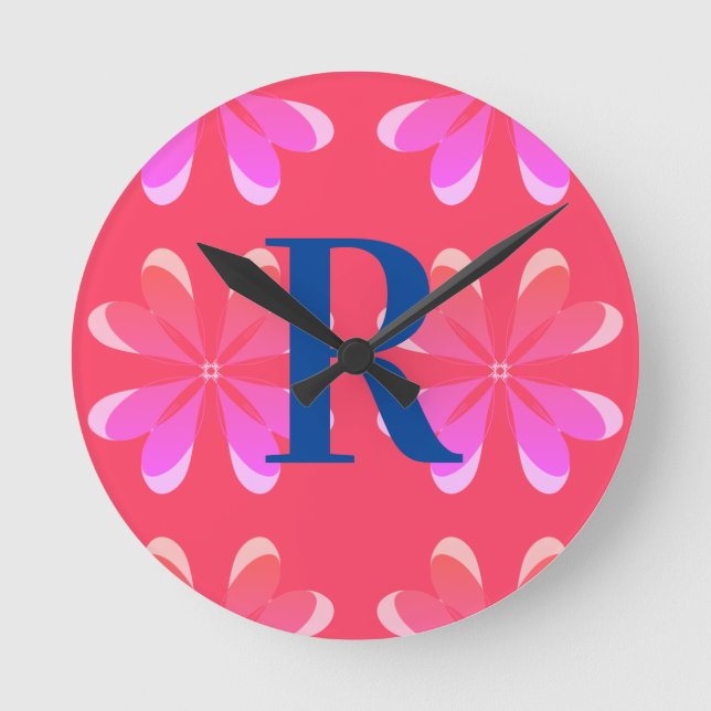 Personalised Monogram Retro Orange Pink Round Clock (Front)