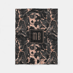 Personalised Monogram Rose Gold Black Marble  Fleece Blanket