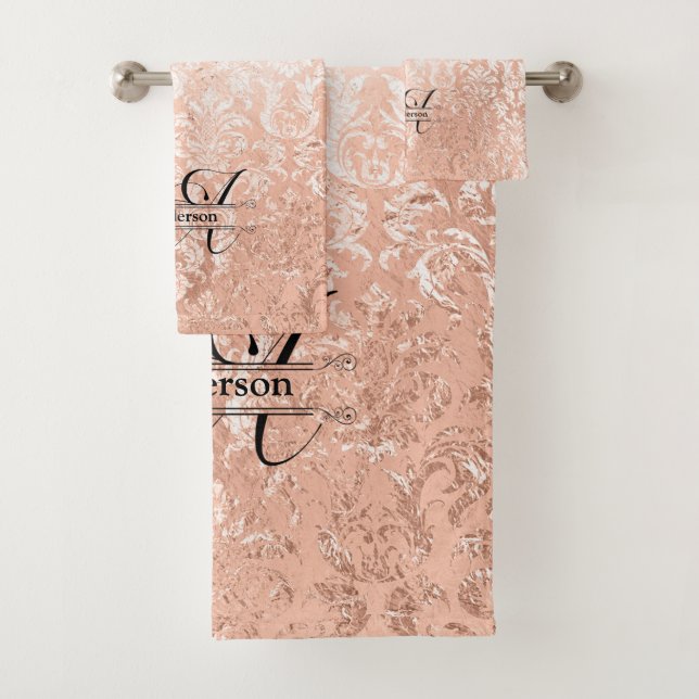 Personalised Monogram Rose Gold Damask Bath Towel Set (Insitu)