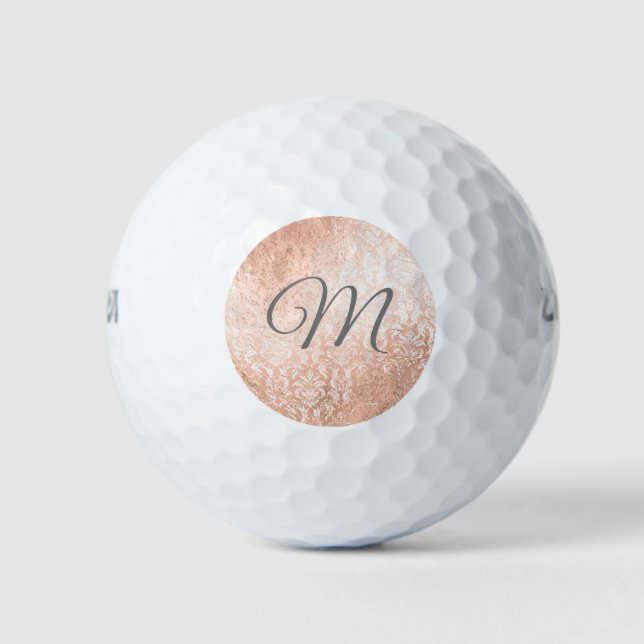 Personalised Monogram Rose Gold Damask Golf Balls (Front)