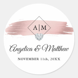 Personalised Monogram Rose Gold Heart Wedding Classic Round Sticker