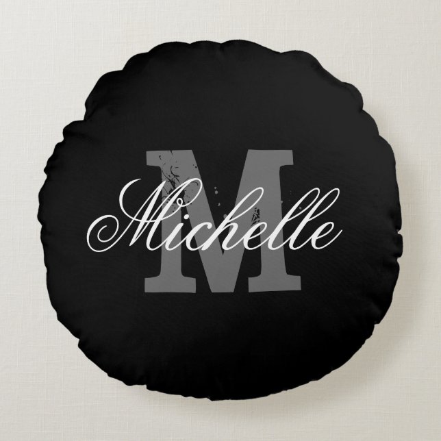 Personalised monogram round throw pillow | Black (Front)