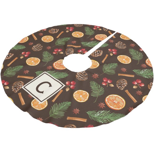 Personalised Monogram Rustic Botanical Christmas Brushed Polyester Tree Skirt (Angled)