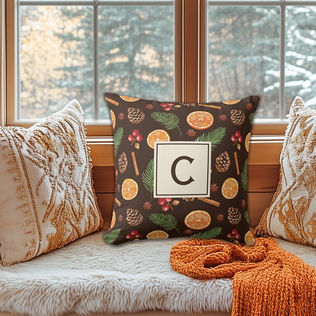Personalised Monogram Rustic Botanical Christmas Cushion (Shown on a 16" x 16" Throw Pillow)