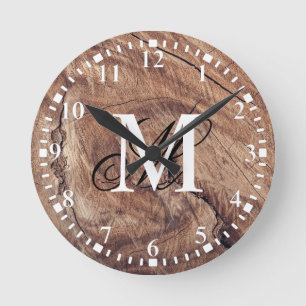 Personalised Monogram Rustic Wood Grain Design Round Clock