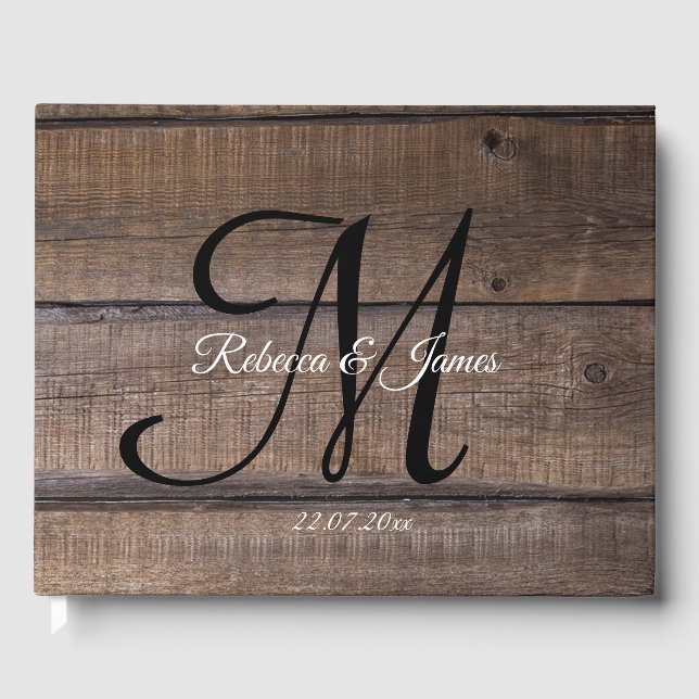 Personalised Monogram Rustic Wood Script Wedding  Guest Book (Front)