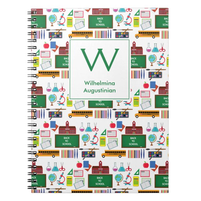 Personalised Monogram SCHOOL SUBJECTS White Green Notebook (Front)
