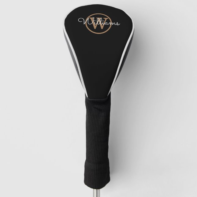 Personalised Monogram Script Black Gold Golf Head Cover (Front)