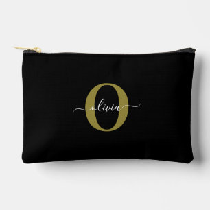 Personalised Monogram Script Name Black White Gold Accessory Pouch