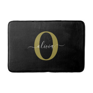Personalised Monogram Script Name Black White Gold Bath Mat
