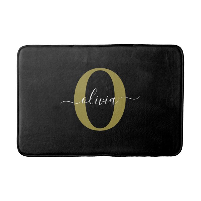 Personalised Monogram Script Name Black White Gold Bath Mat (Front)