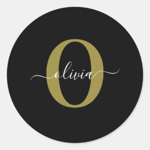 Personalised Monogram Script Name Black White Gold Classic Round Sticker