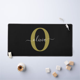 Personalised Monogram Script Name Black White Gold Desk Mat