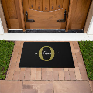 Personalised Monogram Script Name Black White Gold Doormat
