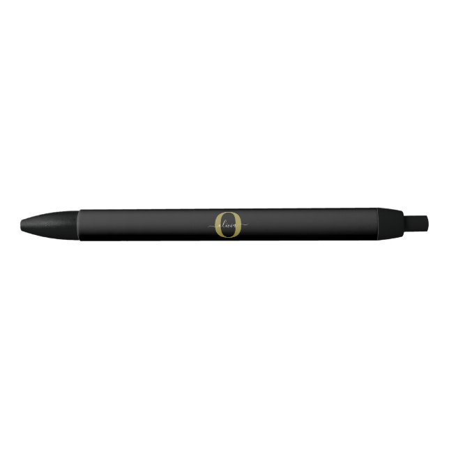 Personalised Monogram Script Name Black White Gold Ink Pen (Front)