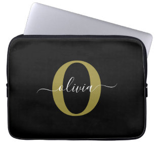 Personalised Monogram Script Name Black White Gold Laptop Sleeve