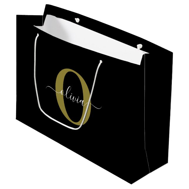 Personalised Monogram Script Name Black White Gold Large Gift Bag (Front Angled)