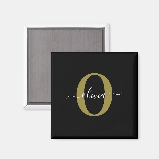 Personalised Monogram Script Name Black White Gold Magnet (Front/Back)