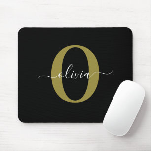 Personalised Monogram Script Name Black White Gold Mouse Pad
