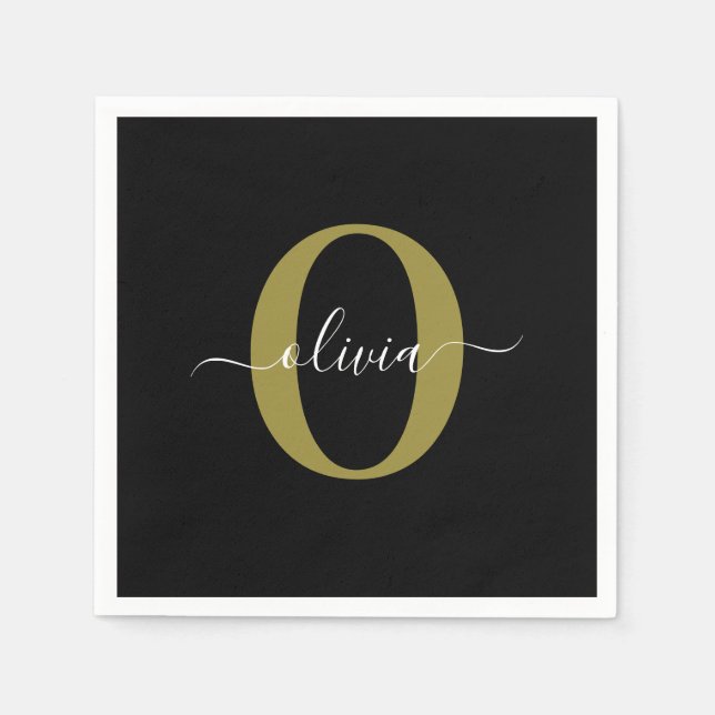 Personalised Monogram Script Name Black White Gold Napkin (Front)