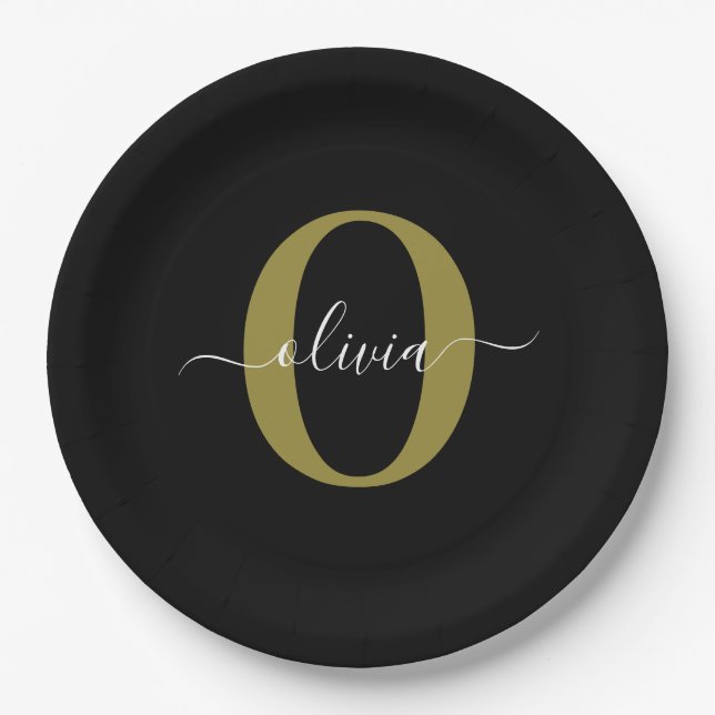 Personalised Monogram Script Name Black White Gold Paper Plate (Front)