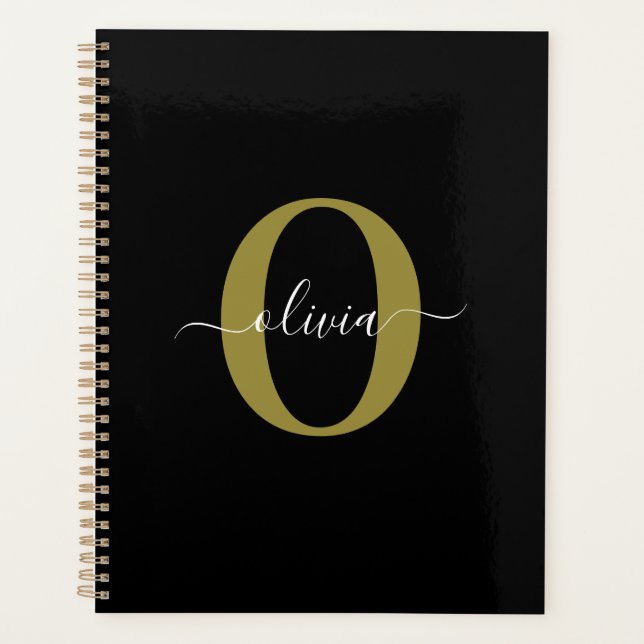 Personalised Monogram Script Name Black White Gold Planner (Front)