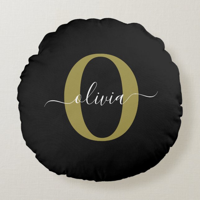 Personalised Monogram Script Name Black White Gold Round Cushion (Front)