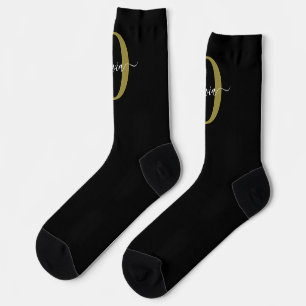Personalised Monogram Script Name Black White Gold Socks