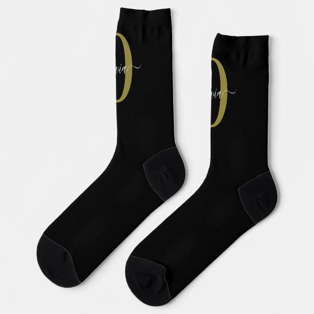Personalised Monogram Script Name Black White Gold Socks (Left)
