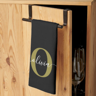 Personalised Monogram Script Name Black White Gold Tea Towel