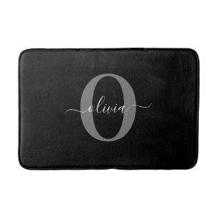Personalised Monogram Script Name Black White Grey Bath Mat