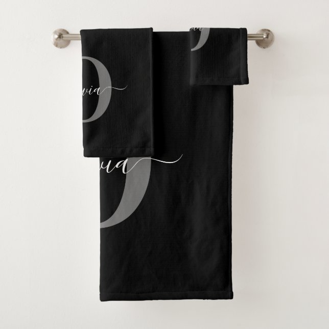 Personalised Monogram Script Name Black White Grey Bath Towel Set (Insitu)