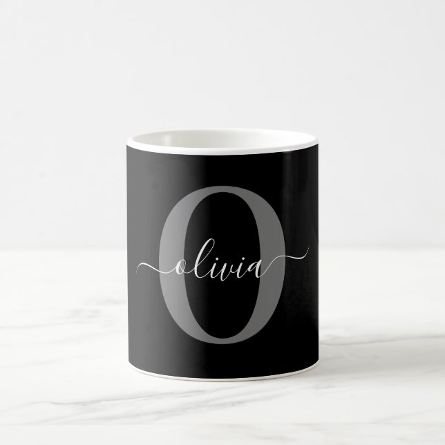 Personalised Monogram Script Name Black White Grey Coffee Mug (Center)