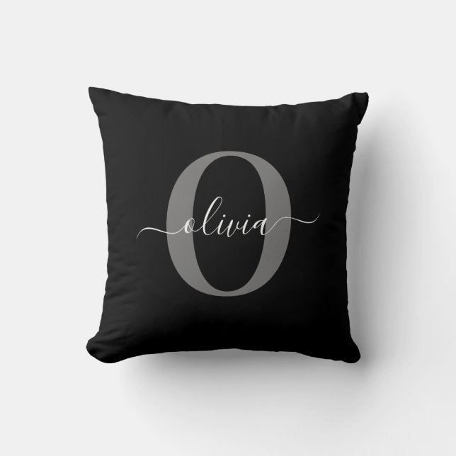 Personalised Monogram Script Name Black White Grey Cushion (Front)