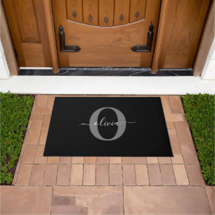 Personalised Monogram Script Name Black White Grey Doormat
