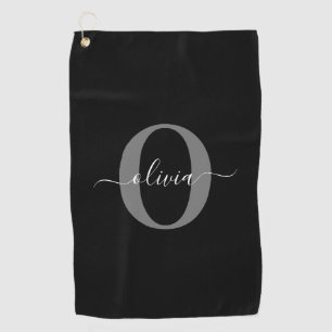 Personalised Monogram Script Name Black White Grey Golf Towel