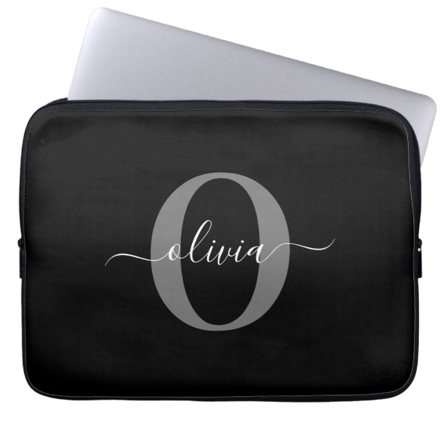 Personalised Monogram Script Name Black White Grey Laptop Sleeve (Front)