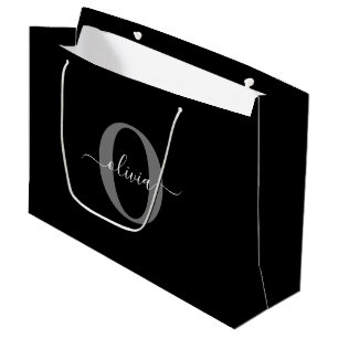 Personalised Monogram Script Name Black White Grey Large Gift Bag