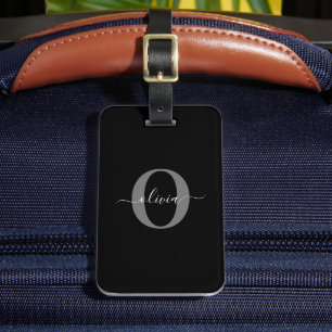 Personalised Monogram Script Name Black White Grey Luggage Tag
