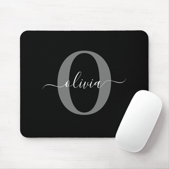 Personalised Monogram Script Name Black White Grey Mouse Pad (With Mouse)