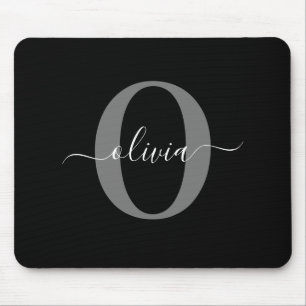Personalised Monogram Script Name Black White Grey Mouse Pad