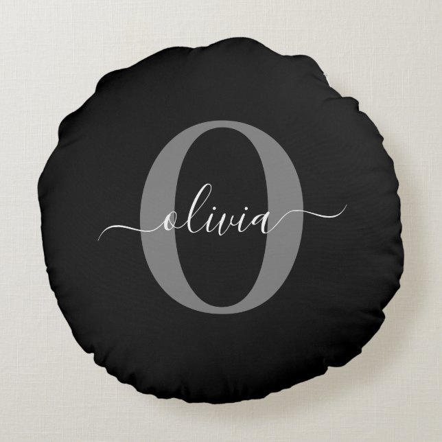 Personalised Monogram Script Name Black White Grey Round Cushion (Back)