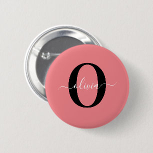 Personalised Monogram Script Name Black White Pink 6 Cm Round Badge