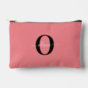 Personalised Monogram Script Name Black White Pink Accessory Pouch