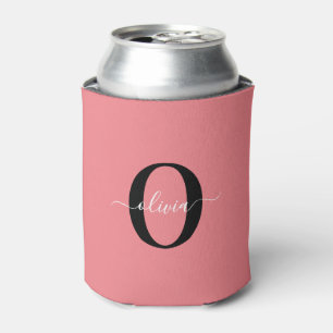 Personalised Monogram Script Name Black White Pink Can Cooler
