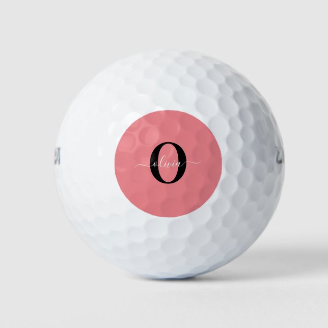 Personalised Monogram Script Name Black White Pink Golf Balls (Front)