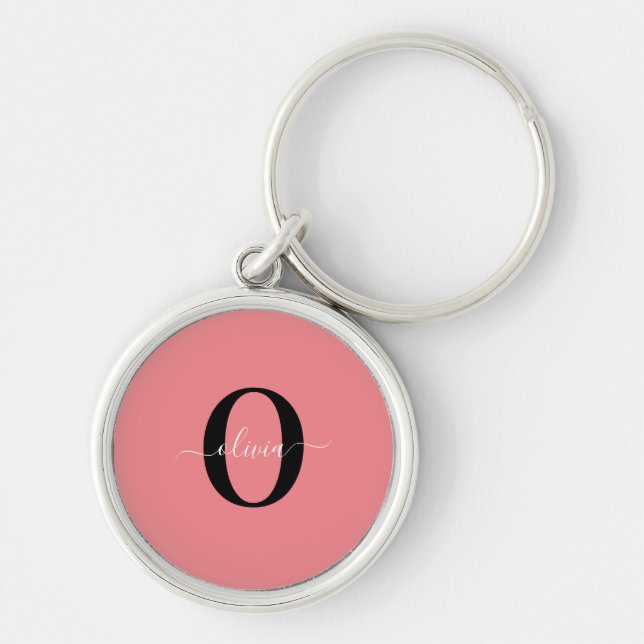 Personalised Monogram Script Name Black White Pink Key Ring (Front)