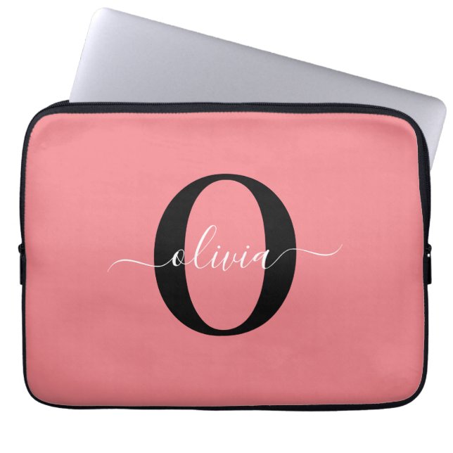 Personalised Monogram Script Name Black White Pink Laptop Sleeve (Front)
