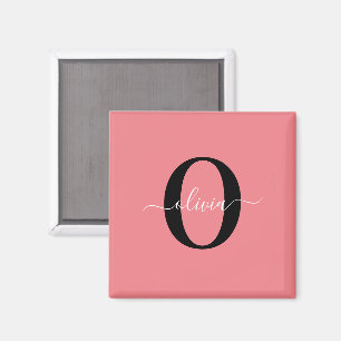 Personalised Monogram Script Name Black White Pink Magnet